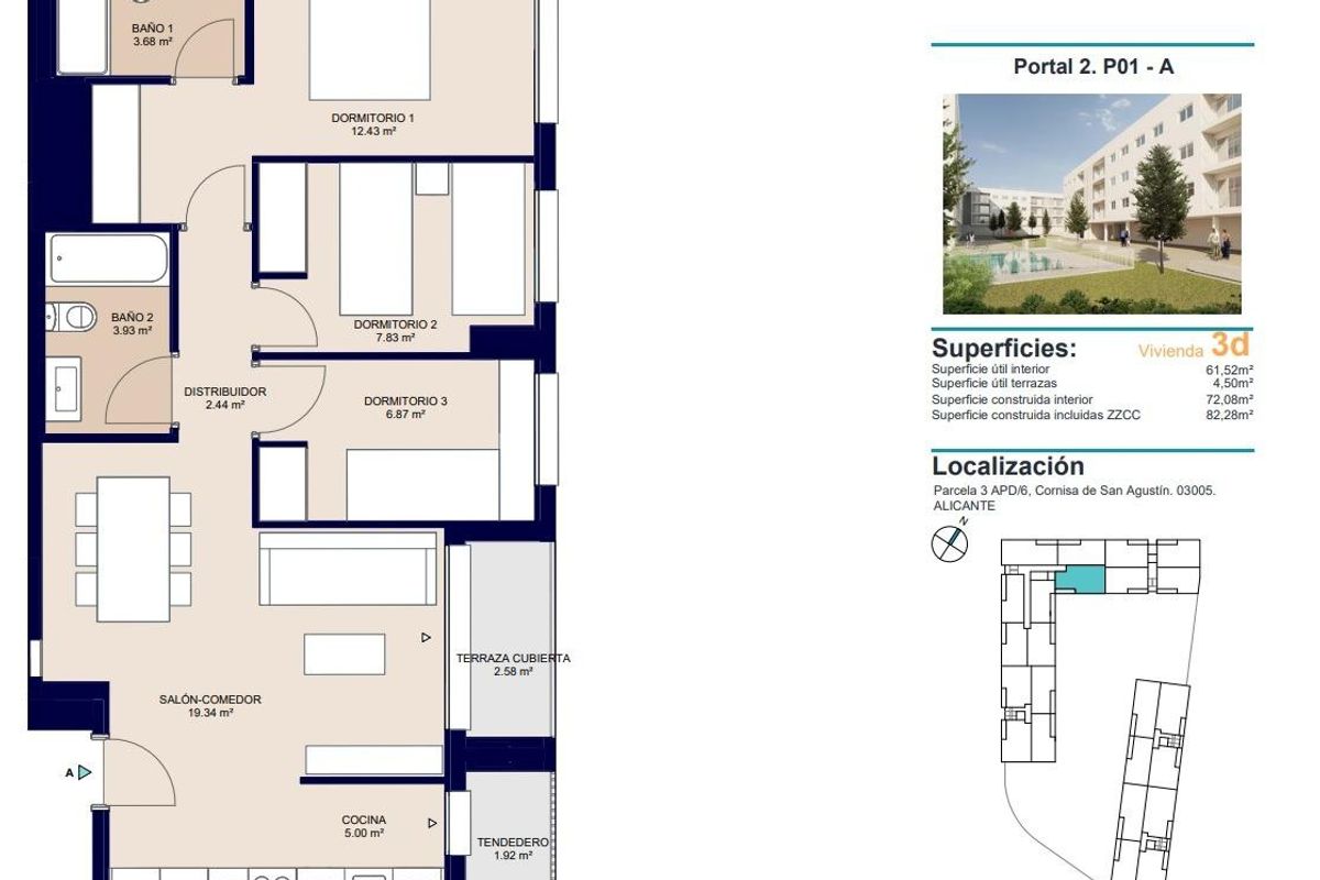 Plattegrond van een 3-slaapkamer appartement in Alicante, met indeling van kamers en voorzieningen.