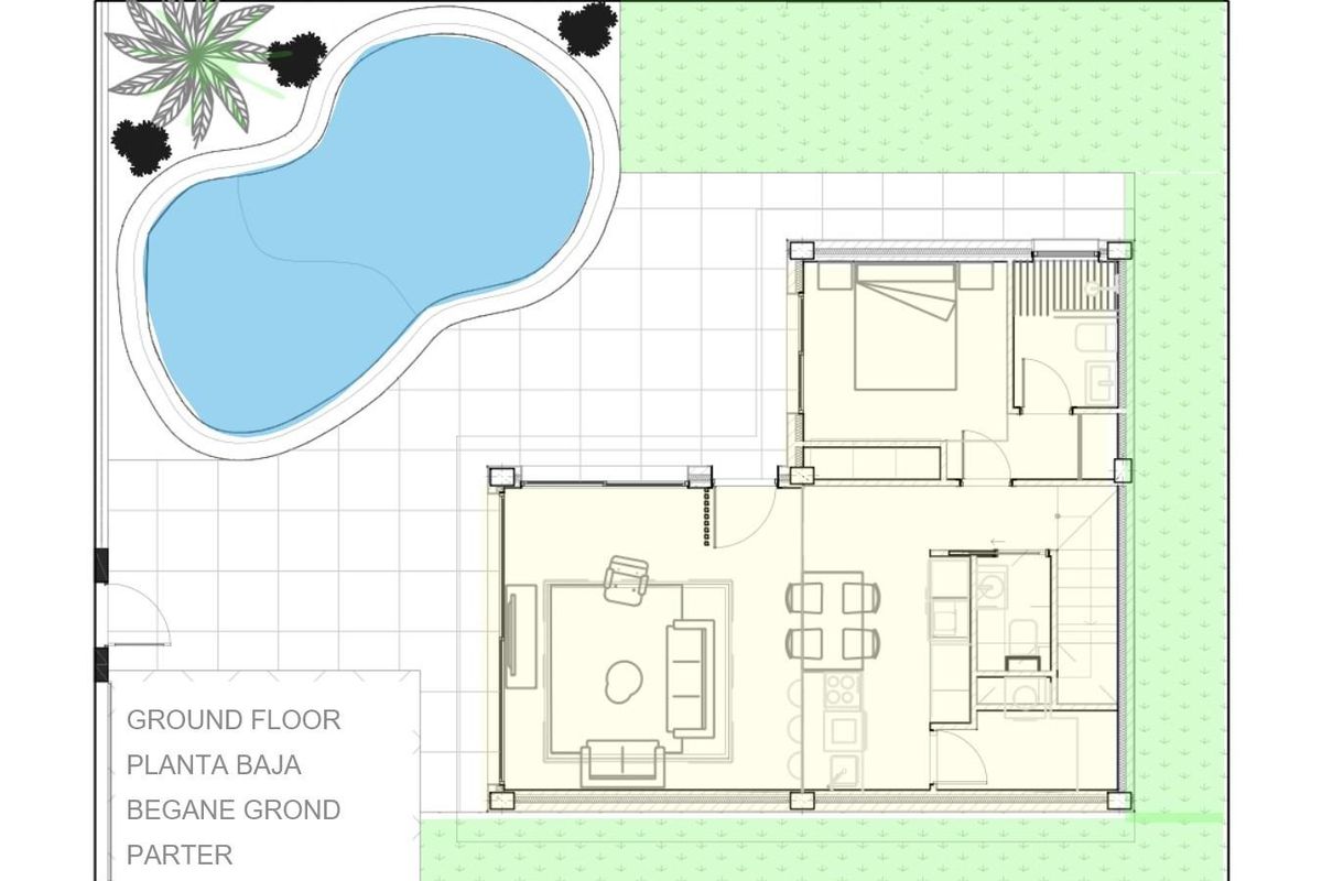 Plattegrond van de begane grond van een villa met 3 slaapkamers in Torre Pacheco, met keuken en woonkamer.