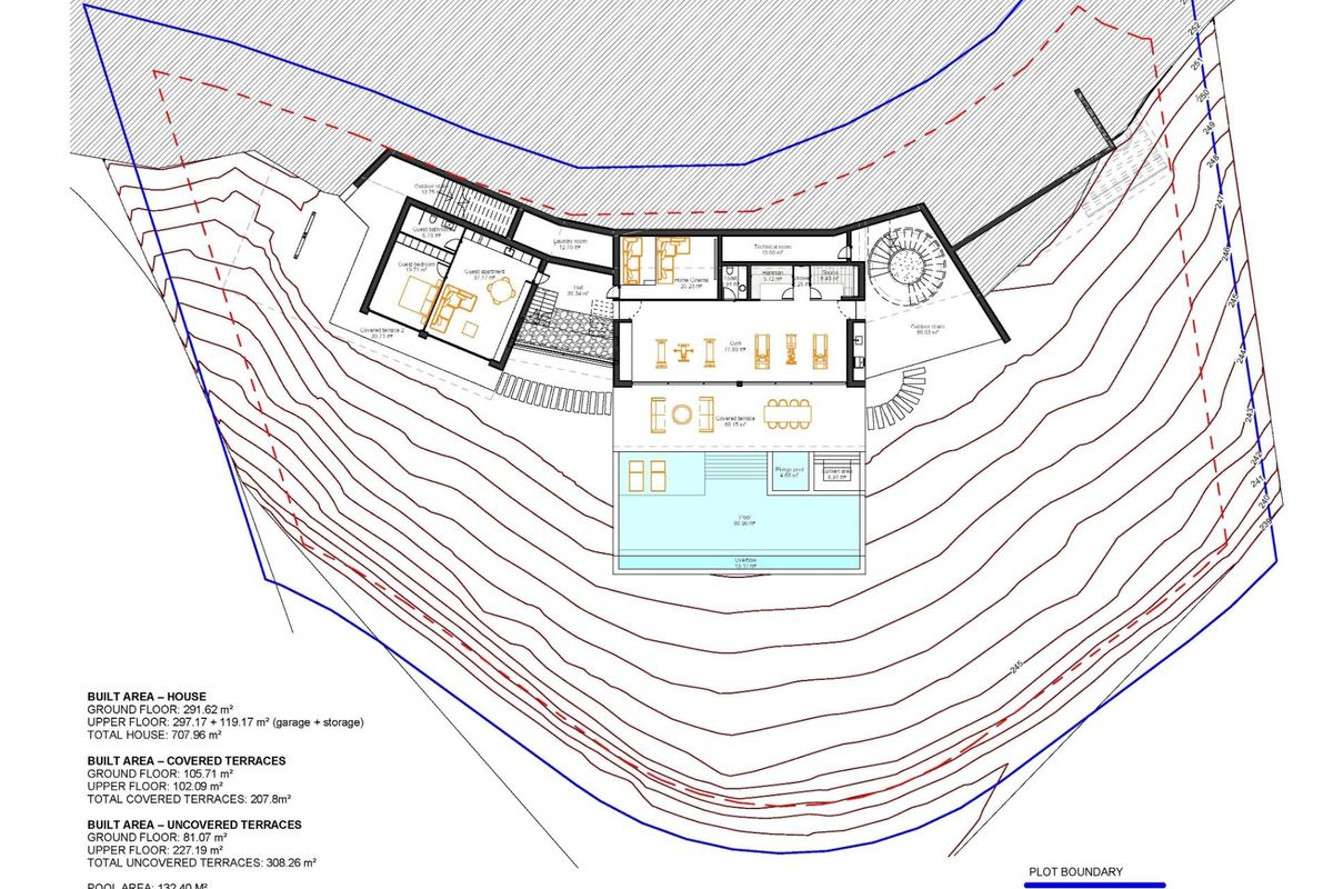 Plattegrond van de begane grond van een 4-slaapkamer villa in Benahavís, Costa del Sol, met indeling van ruimtes.