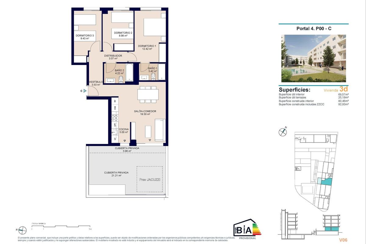 Gedetailleerde plattegrond van een 3-slaapkamer appartement op de begane grond in Alicante, met indeling en ruimtes.