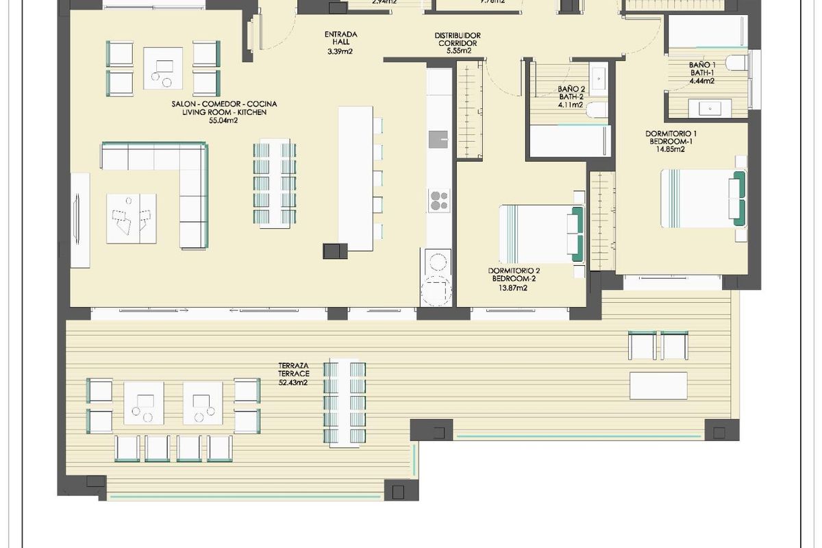 Gedetailleerde plattegrond van een ruim 4-slaapkamer appartement dat de indeling in Casares, Costa del Sol toont.