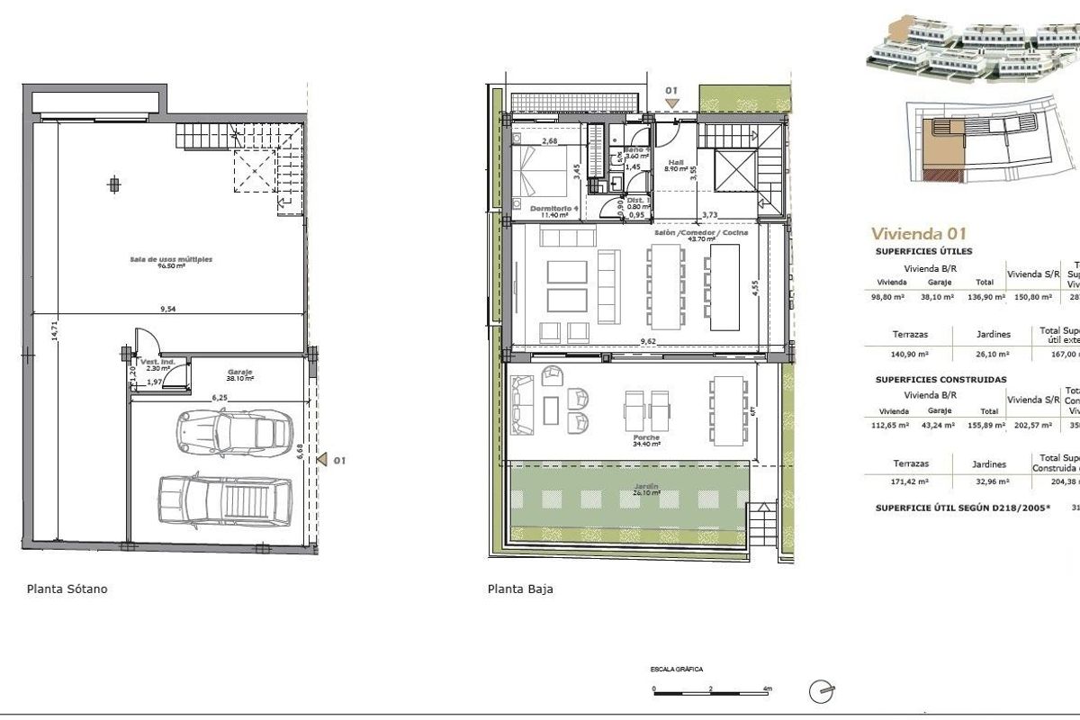 Plattegrond van een moderne townhouse in Estepona met 4 slaapkamers en een keuken.