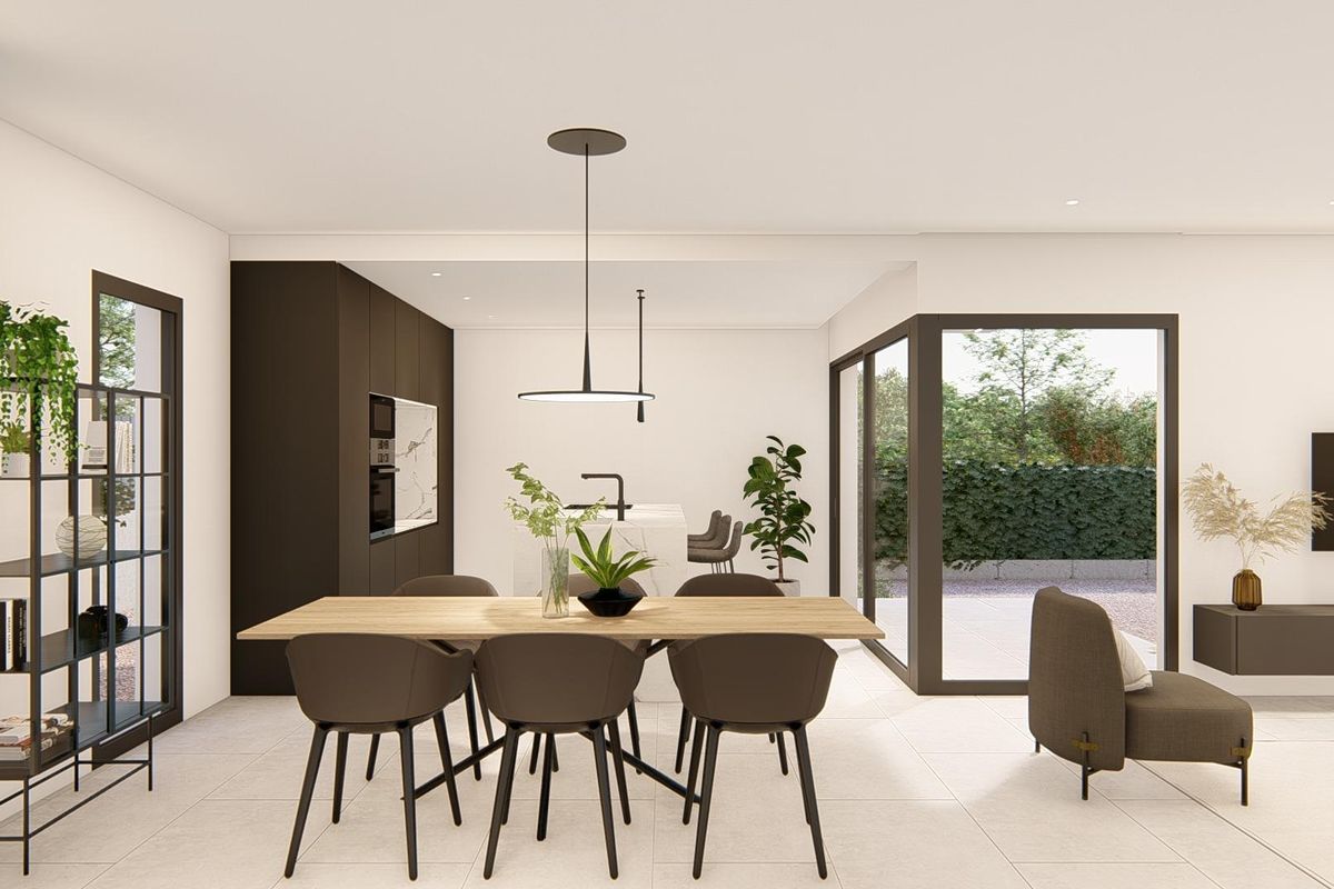 Eet- en keukengedeelte in een moderne villa in Molina De Segura. Natuurlijk licht en modern design zijn te zien in het interieur.