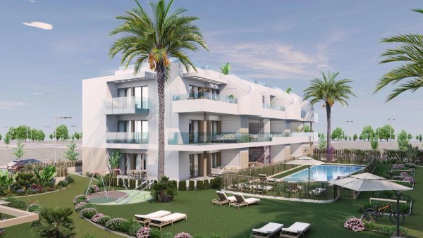 Stijlvolle 2-slaapkamer appartement buitenkant met zwembad en tuinen in Pilar de La Horadada, Costa Blanca Zuid, Spanje.