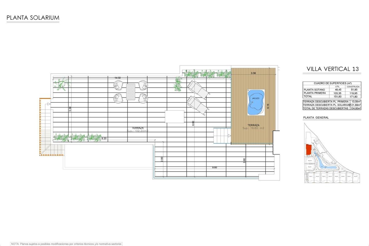 De solarium plattegrond van een bungalow met twee slaapkamers in San Juan de los Terreros, met een terras en zwembad.