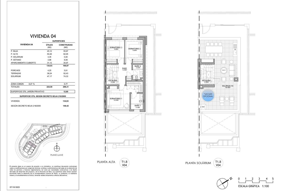 Plattegrond van een 3-slaapkamer herenhuis in Mijas, Costa del Sol, met indeling van de bovenste verdieping en het solarium.