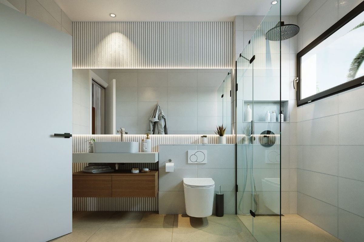 Moderne badkamer met strakke armaturen en een glazen douche in een villa in Baños y Mendigo, Costa Calida.