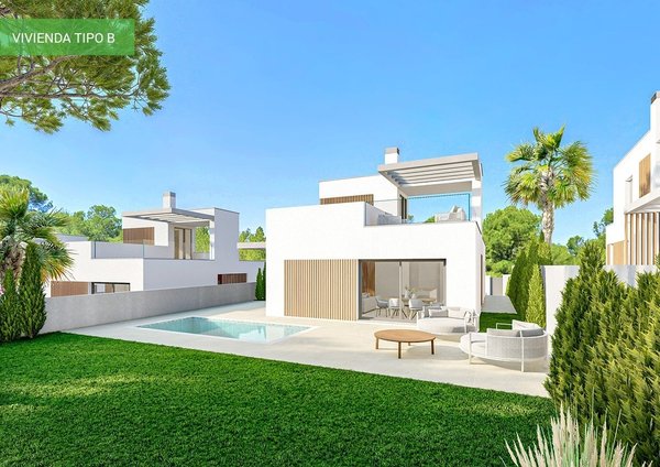 Zonnig exterieur van een moderne 3-slaapkamer villa met zwembad en tuin in Finestrat, Costa Blanca Noord.