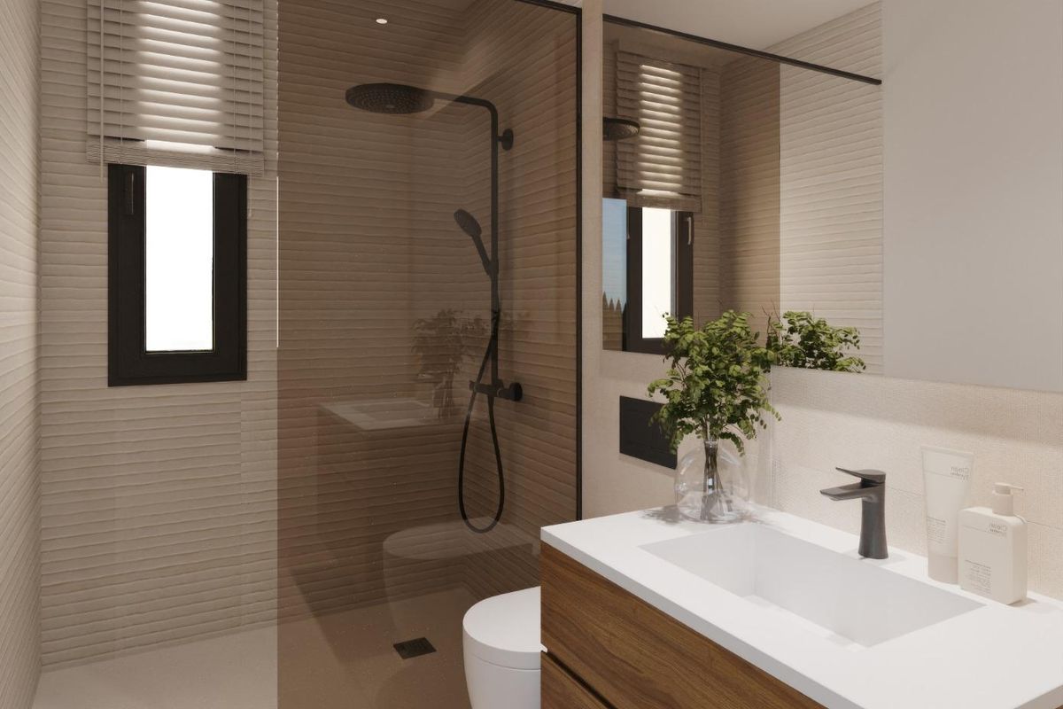 Contemporary badkamerontwerp in de villa, met moderne armaturen in Fuente Álamo, Spanje.