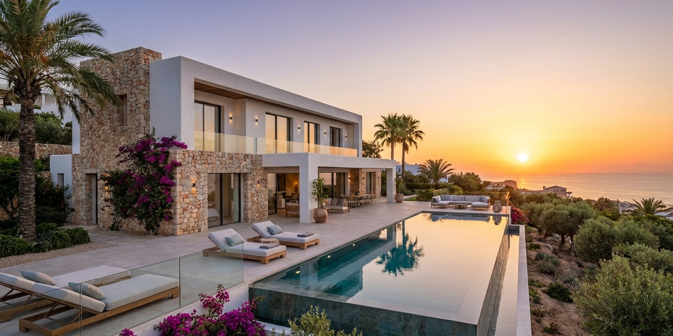 Moderne luxe villa in Spanje met zeezicht tijdens het gouden uur