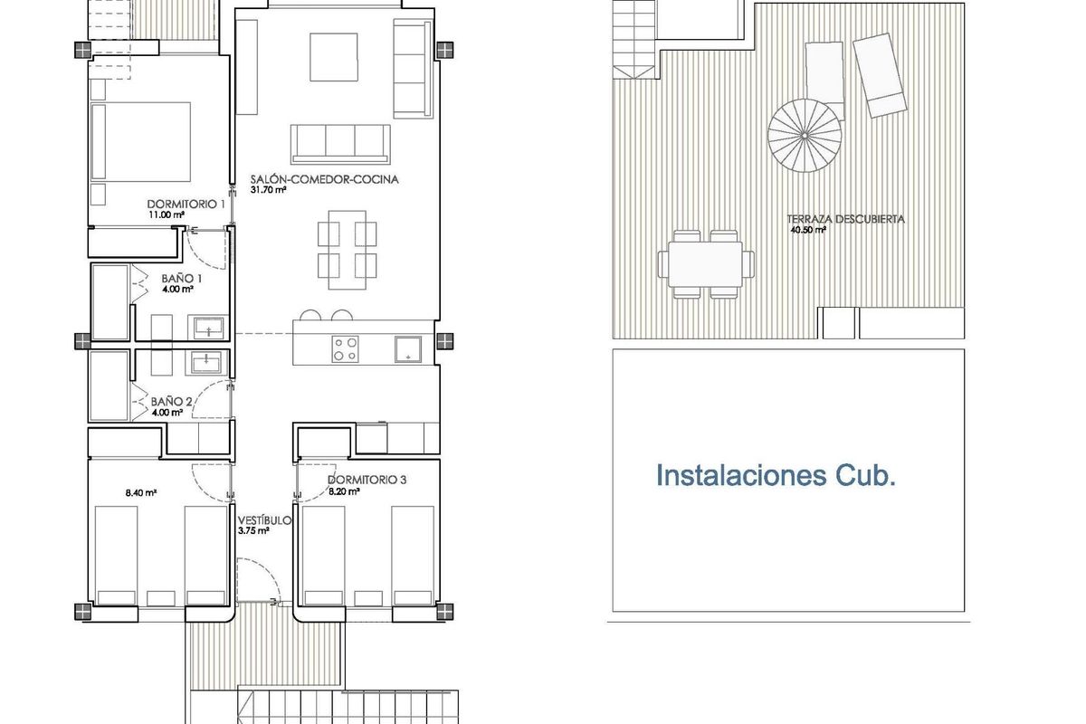 Plattegrond van een 3-slaapkamerbungalow in Bigastro, Spanje, met woonruimtes en buitenruimtes.