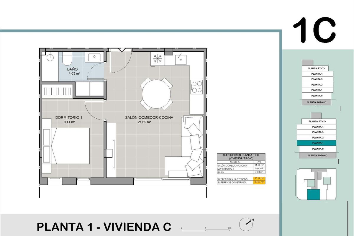 Plattegrond van een 1-slaapkamer appartement in Torrevieja, met indeling van woonkamer, keuken en badkamer.