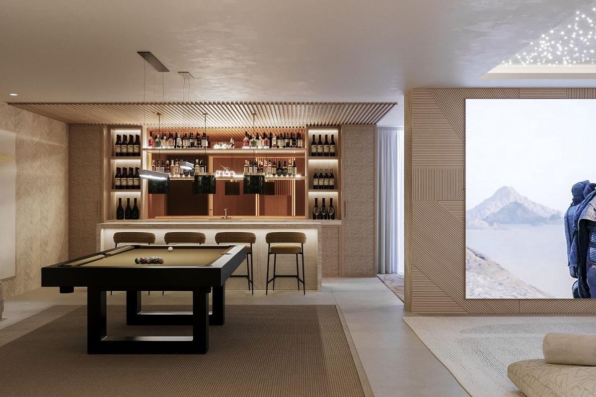 Stijlvolle lounge met een biljarttafel en moderne kenmerken, gevonden in een 5-slaapkamer villa in Marbella.