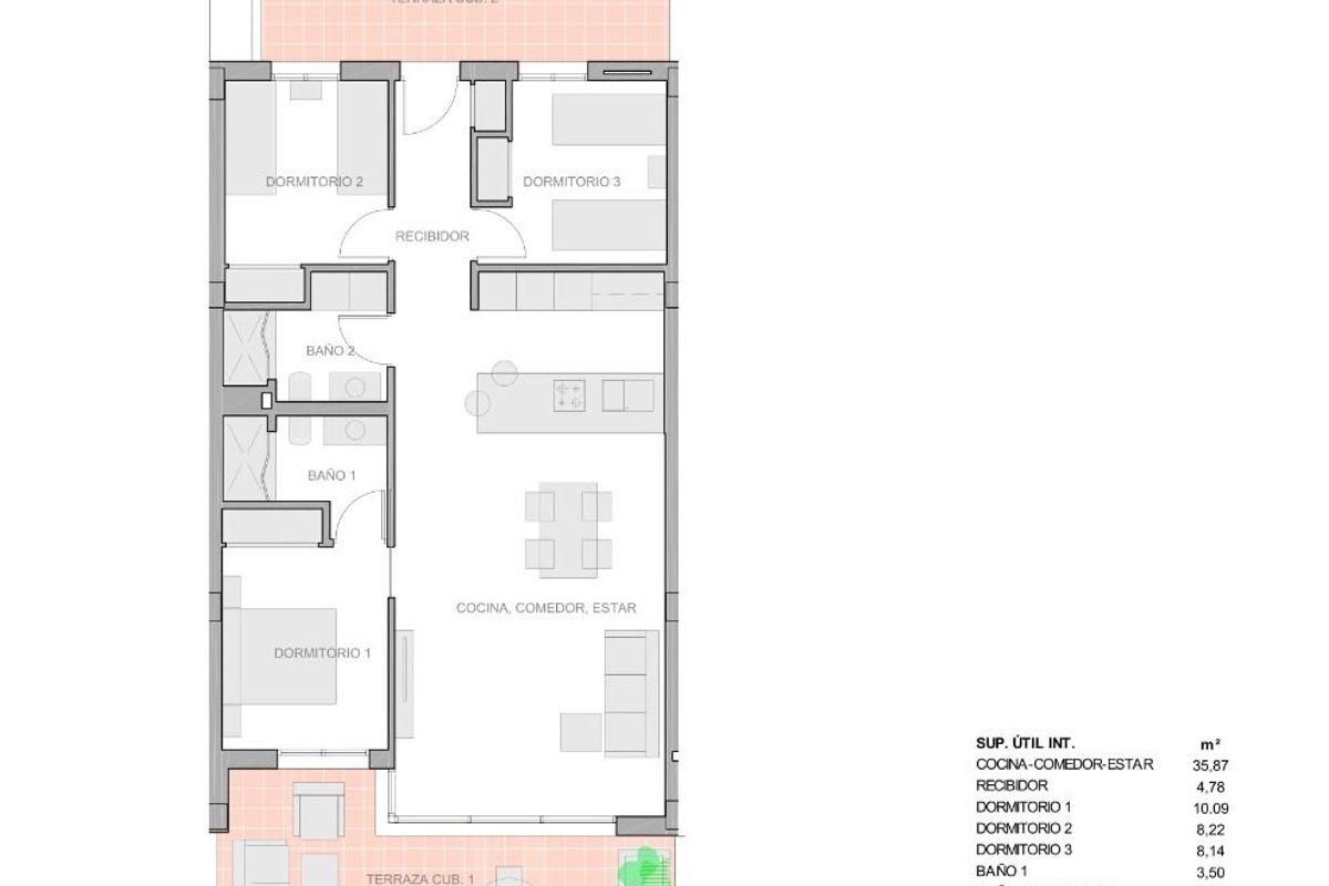 Plattegrond van een 3-slaapkamer appartement, inclusief woonkamer en terras, gelegen in Guardamar del Segura.