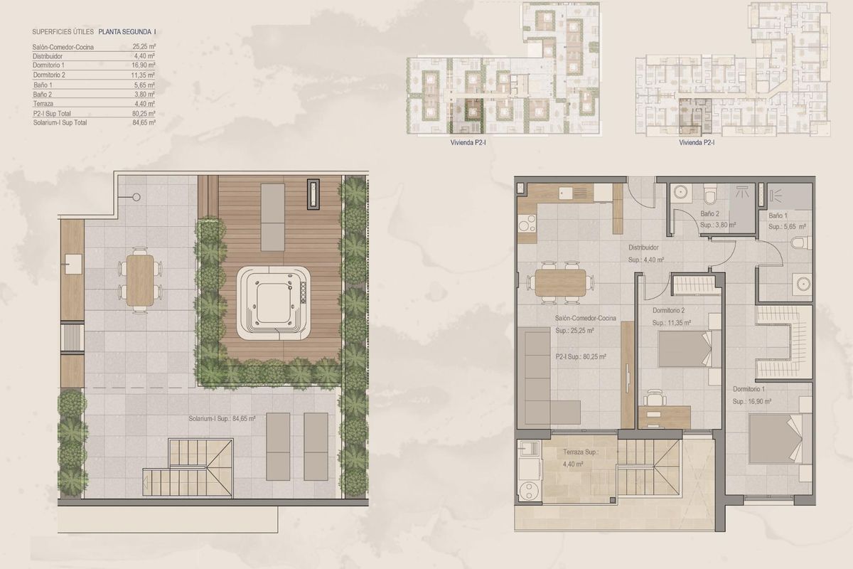 Plattegrond van een 2-slaapkamer penthouse in Torre Pacheco, met indeling en afmetingen.