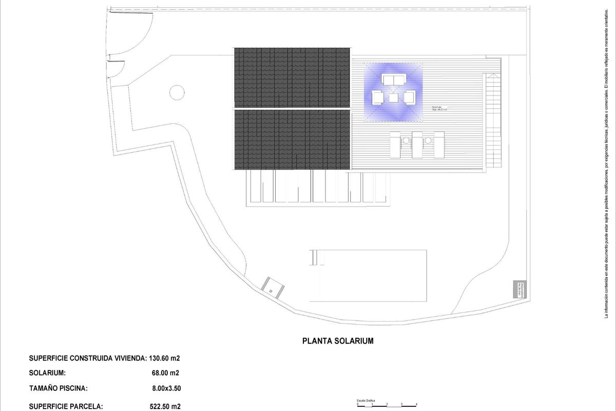 Plattegrond van een moderne 3-slaapkamer villa met zwembad in Cabo de Palos, met een ruime zonneterras en buitenruimte.