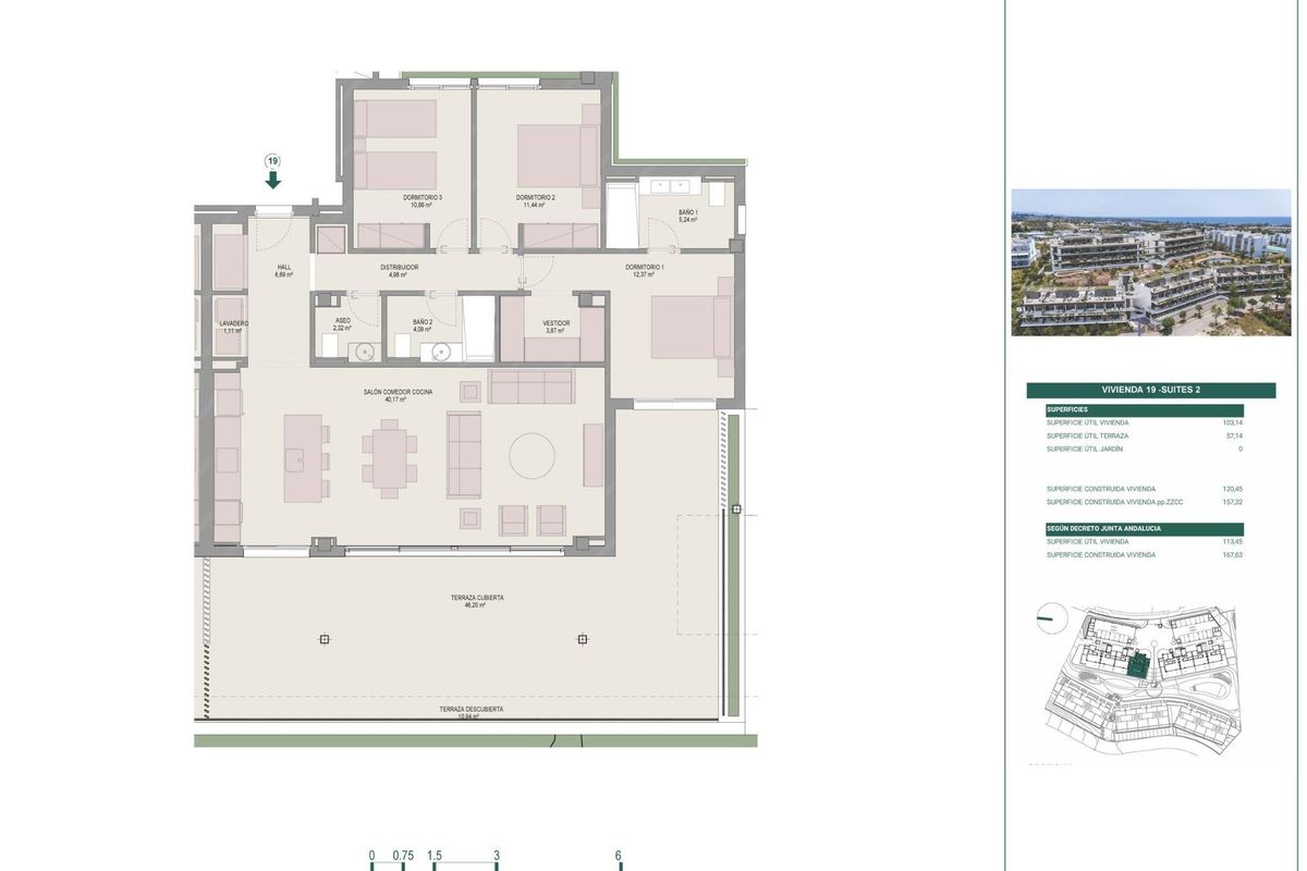Gedetailleerde plattegrond van een 3-slaapkamer appartement, met indeling en afmetingen in Estepona.