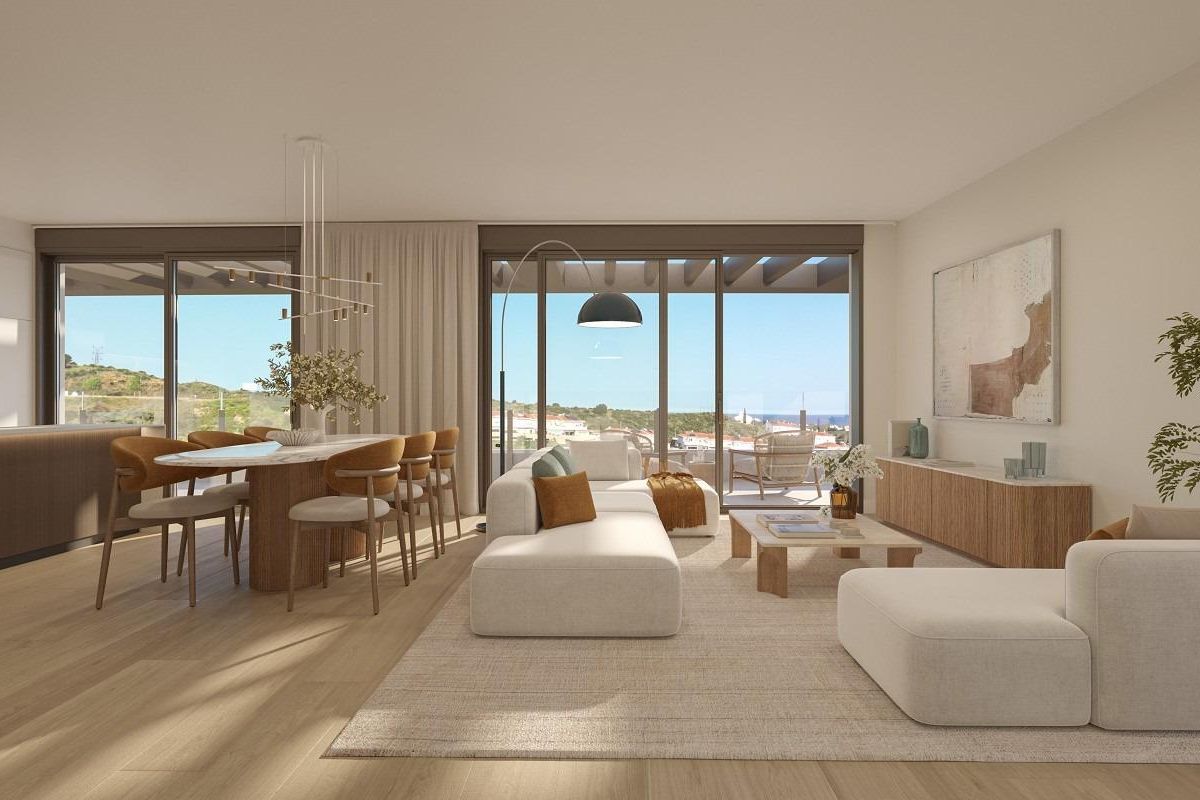 Heldere open woon- en eetruimte in een moderne 1-slaapkamer appartement in Mijas, Costa del Sol.