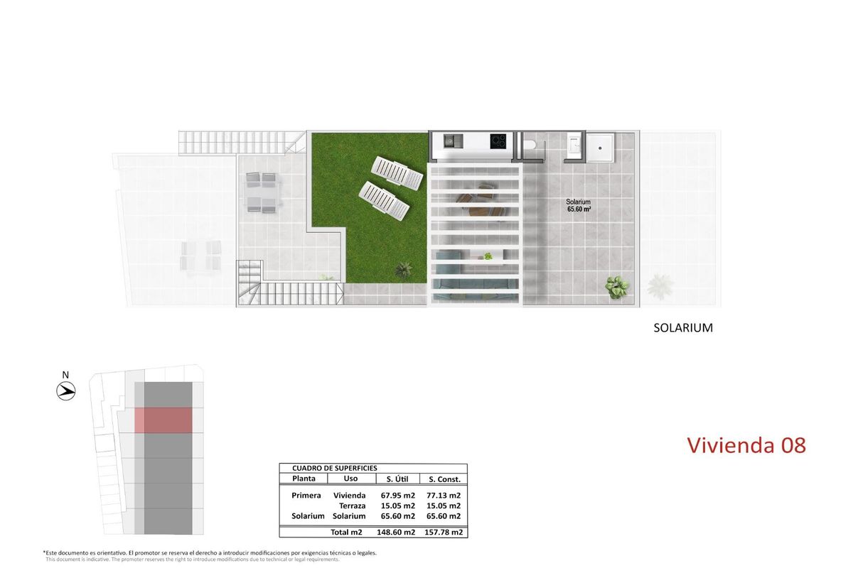 Daktuin plattegrond van de 2-slaapkamer bungalow in Pilar de La Horadada, ideaal voor buiten recreatie.