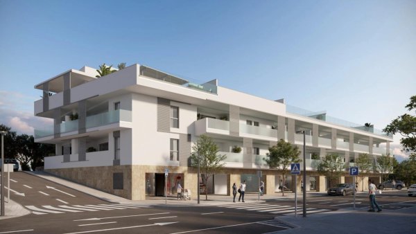 Buitenkant van een modern 2-slaapkamerappartement in San Pedro De Alcantara, Costa del Sol, met balkons.