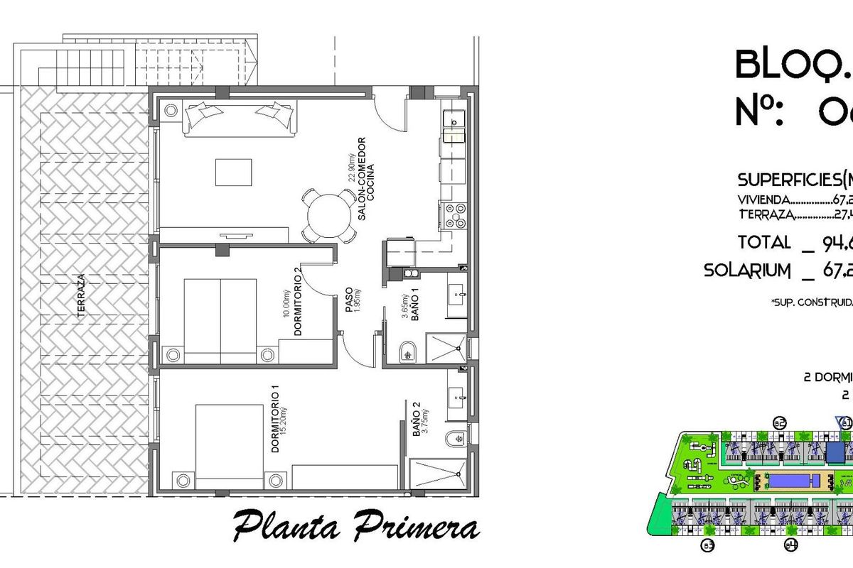 Plattegrond van de indeling van een 2-slaapkamer bungalow in Algorfa, met ruimtes voor wonen, dineren en een buitenterras.