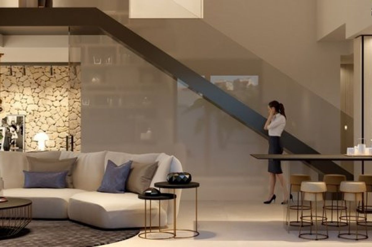 Moderne interieur van de woonkamer in een villa in Algorfa, met open ontwerp en stijlvolle meubels.