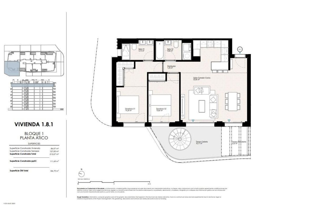 Gedetailleerde plattegrond van de penthouse in Villajoyosa, met de indeling van de twee slaapkamers en woonruimtes.