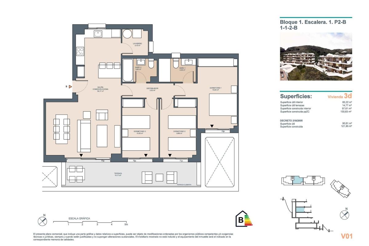 Plattegrond van een 3-slaapkamer appartement in Rincon de la Victoria, met lay-out en afmetingen van kamers.
