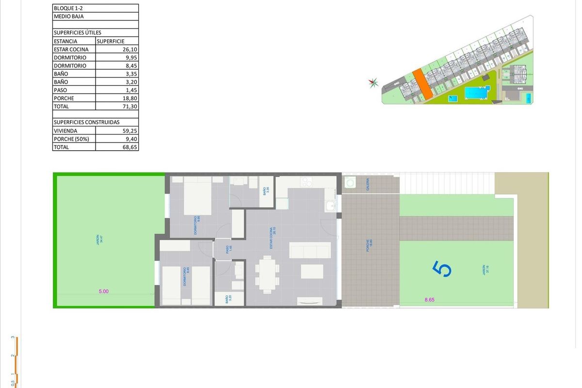 Gedetailleerd vloerplan van een 2-slaapkamer grond appartement, met indeling en ruimtedistributie in Pilar de La Horadada.