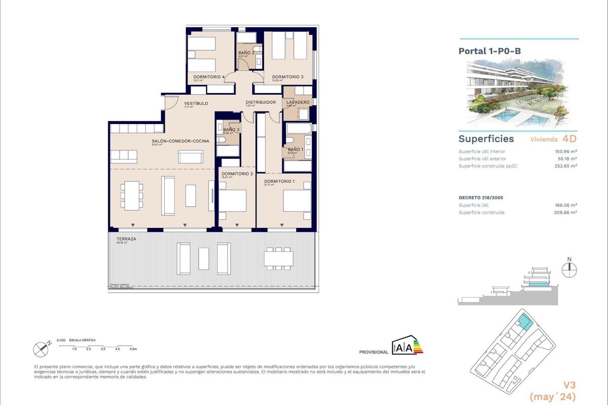 Plattegrond van een ruim 4-slaapkamer appartement gelegen in Estepona, Costa del Sol, met indeling.