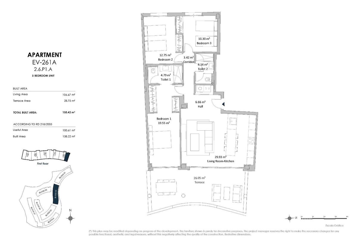 Plattegrond van een 3-slaapkamer appartement, met woon- en keukenspaces in Fuengirola, Costa del Sol.