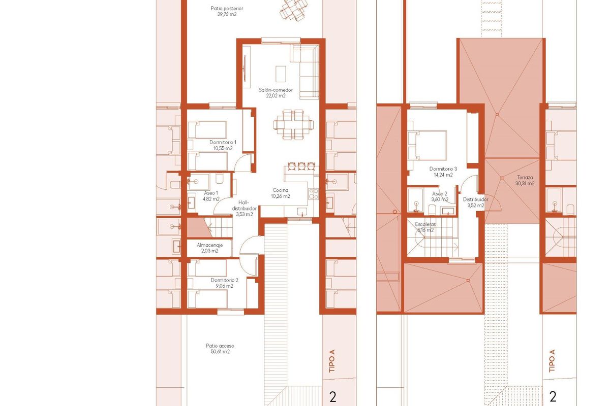 Gedetailleerde plattegrond van een moderne townhouse met 3 slaapkamers, ter illustratie van de indeling voor potentiële kopers in Baños y Mendigo.