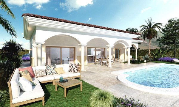 Buitenkant van een 2-slaapkamer villa in Pinoso, Spanje, met een zwembad, terras en weelderige beplanting.