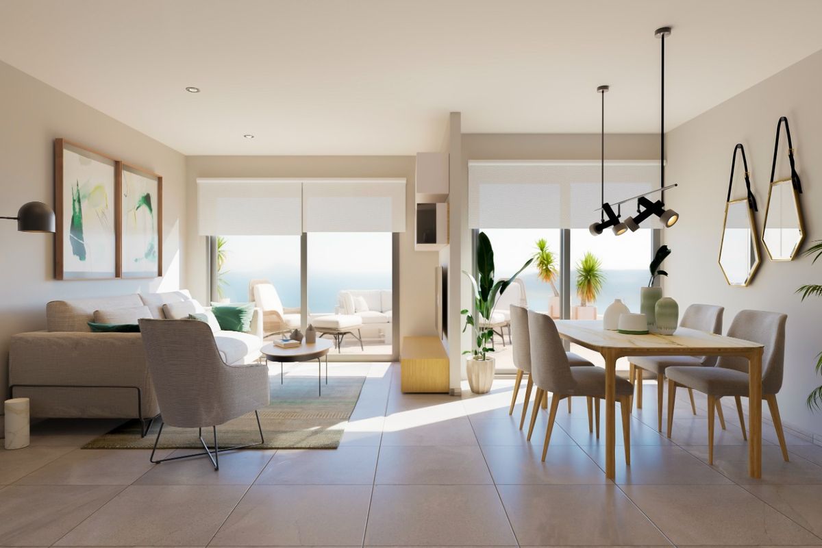 Heldere woonruimte met eetruimte en uitzicht op zee in een 3-slaapkamer appartement, Punta Prima, Costa Blanca Zuid.
