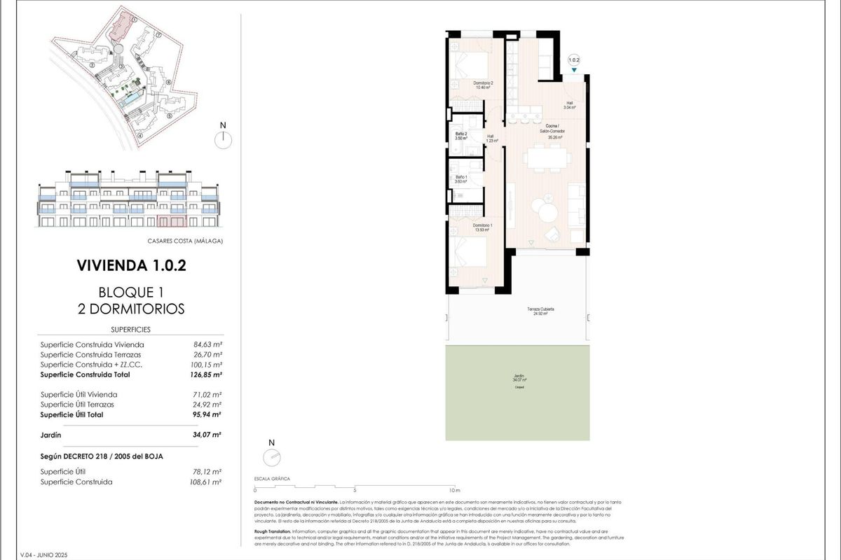 Gedetailleerde indeling van een 2-slaapkamer appartement in Casares, Costa del Sol, met woon- en slaapkamers.