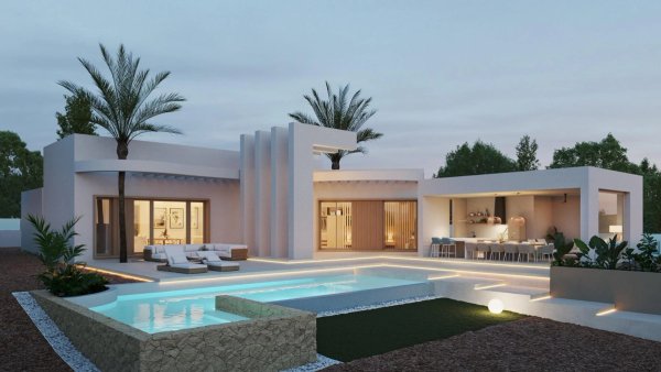 Uitzicht op een modern 4-slaapkamer villa met zwembad in Algorfa, Costa Blanca Zuid bij schemering.