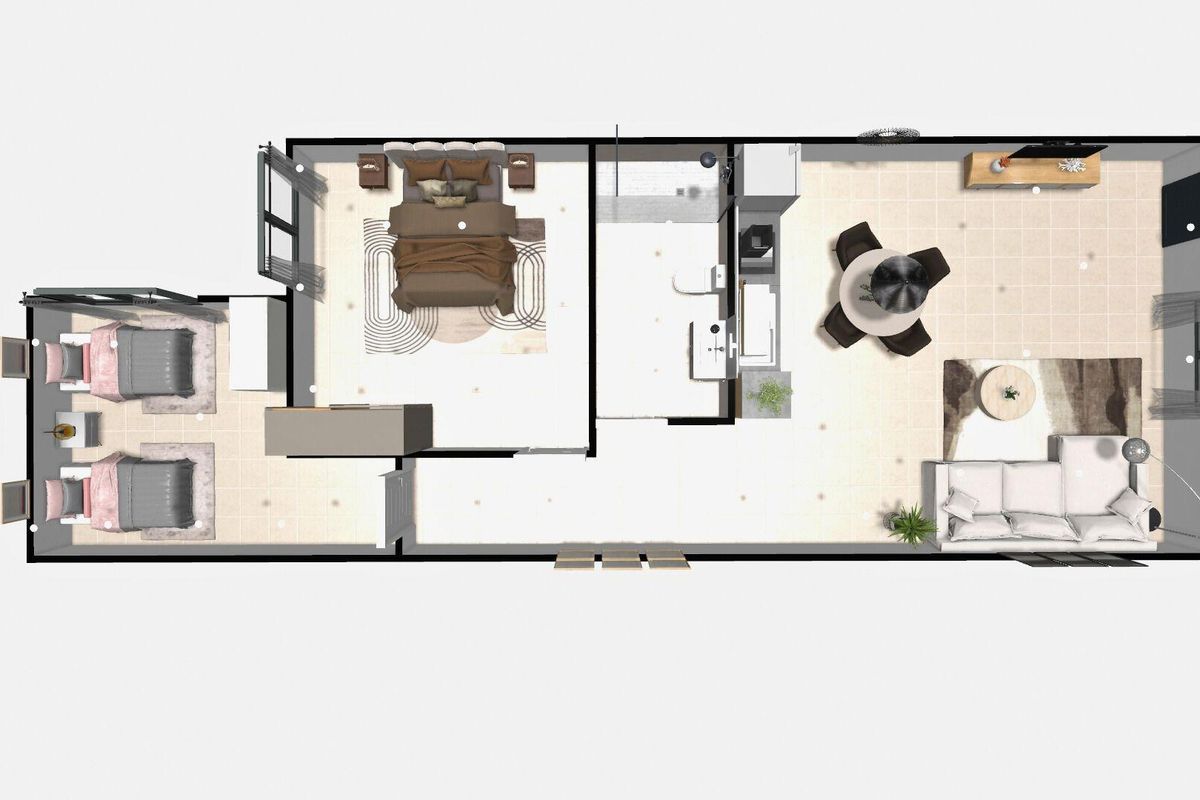 Plattegrond van een 2-slaapkamer bungalow, met indeling en kamerindeling in Hondón de las Nieves, Costa Blanca Zuid.