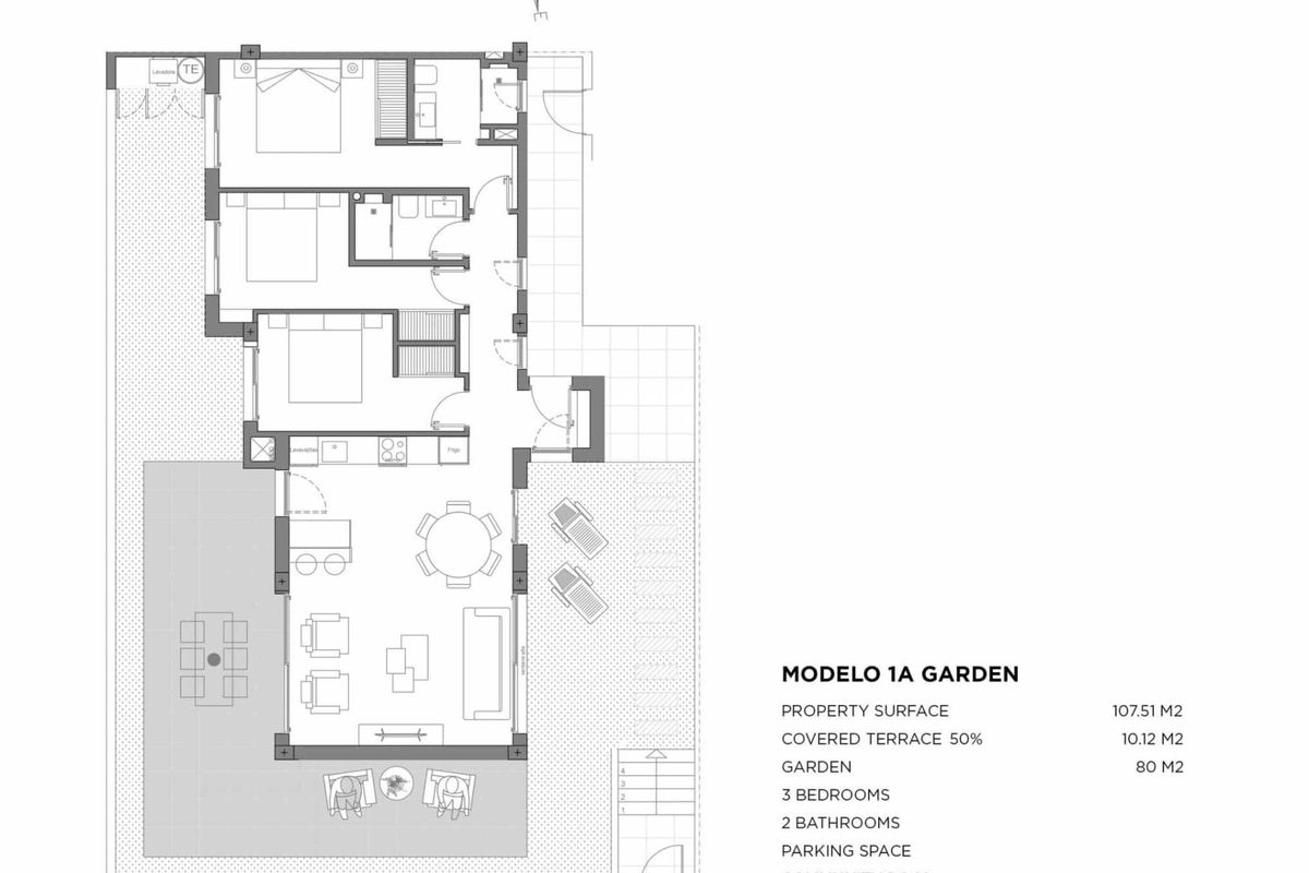Plattegrond van een 3-slaapkamer appartement met tuinruimte in Los Alcazares, Costa Calida.