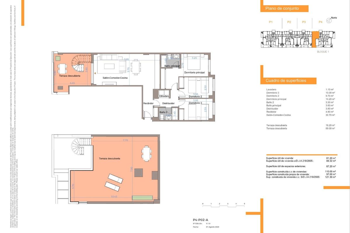 Plattegrond van een 3-slaapkamer penthouse in Benalmádena, met indeling van kamers en buitenruimte.