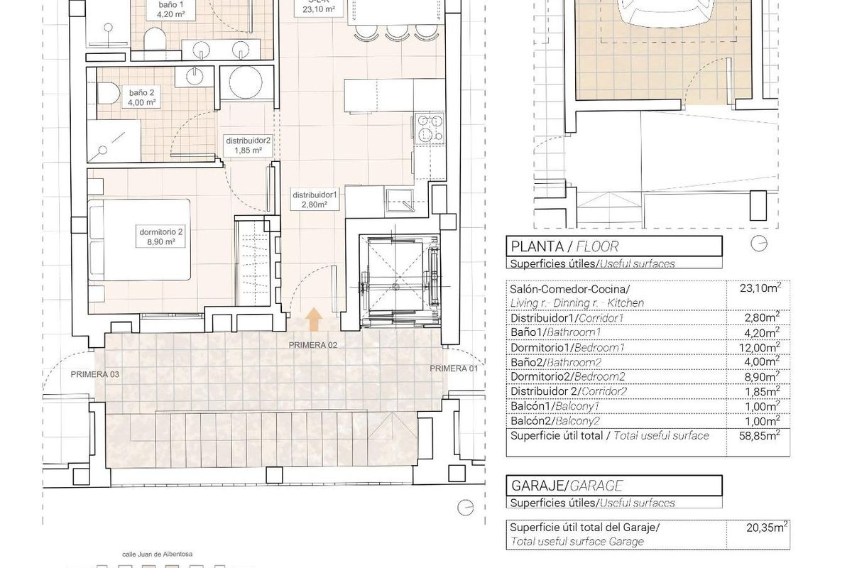 Plattegrond van een 2-slaapkamer appartement in Hondón de las Nieves, met indeling van keuken, woonkamer en slaapkamers.