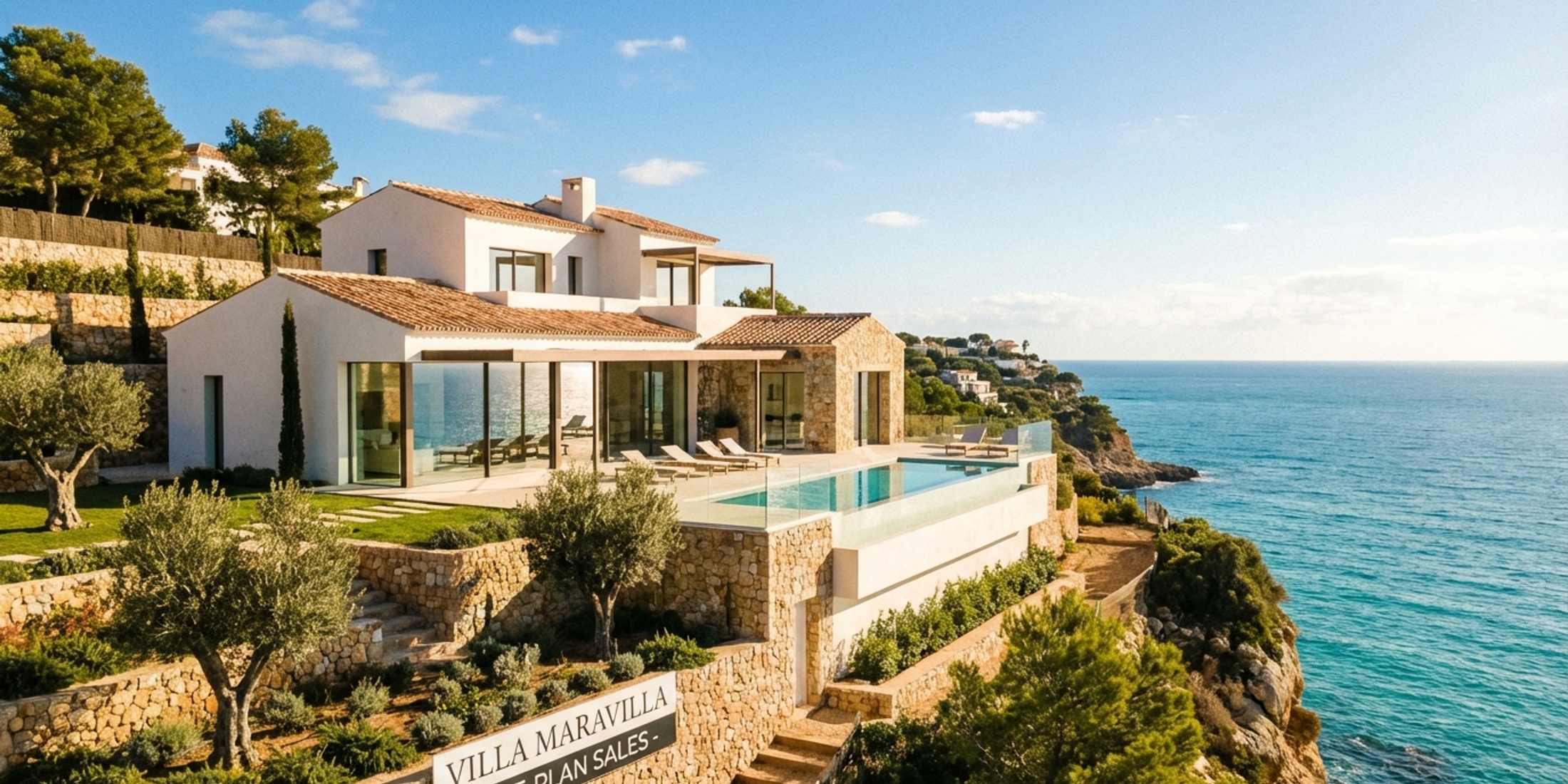 Architectural rendering of a modern luxury off-plan villa overlooking the Spanish Mediterranean coast