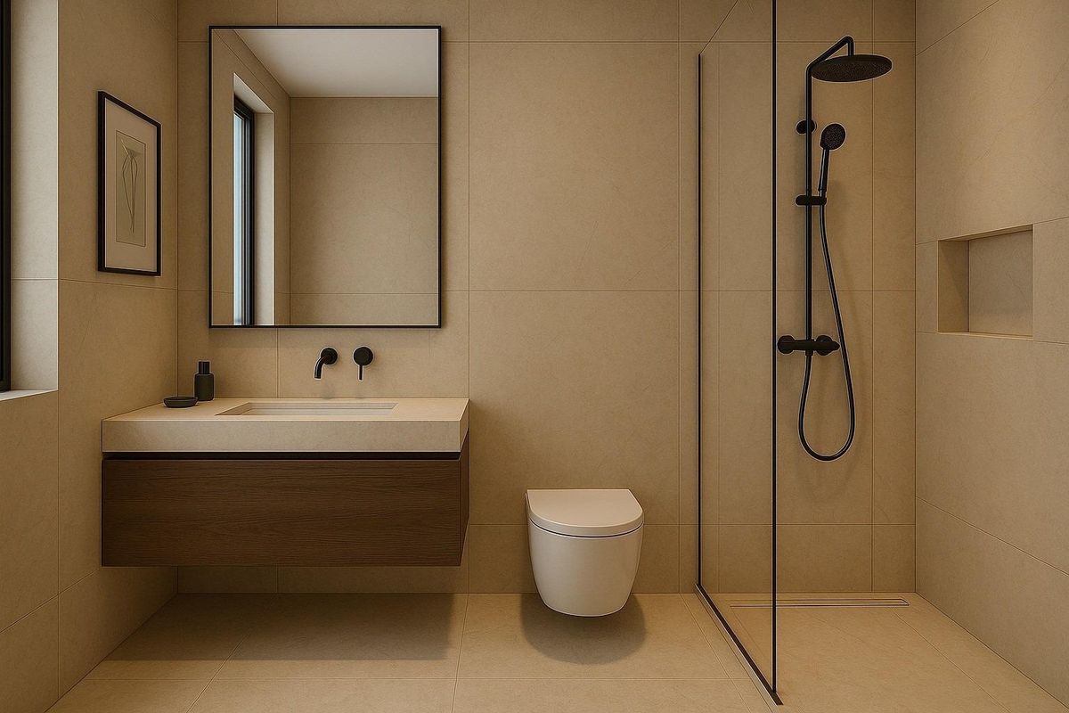 Moderne badkamer met inloopdouche in herenhuis in Mijas. Neutrale tegels, zwevend wastafelmeubel en strakke armaturen.