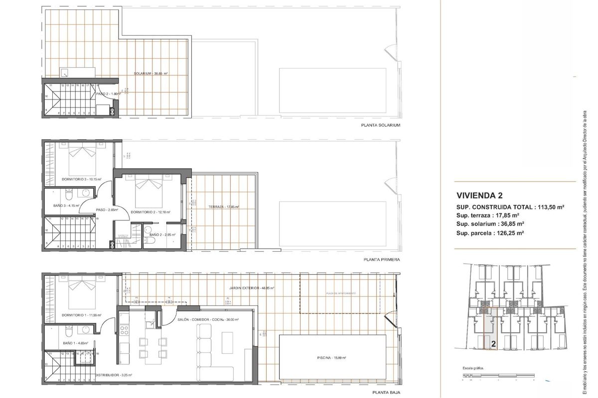 Gedetailleerde plattegrond van een 3-slaapkamerwoning in Santiago de la Ribera, Costa Calida, Spanje.
