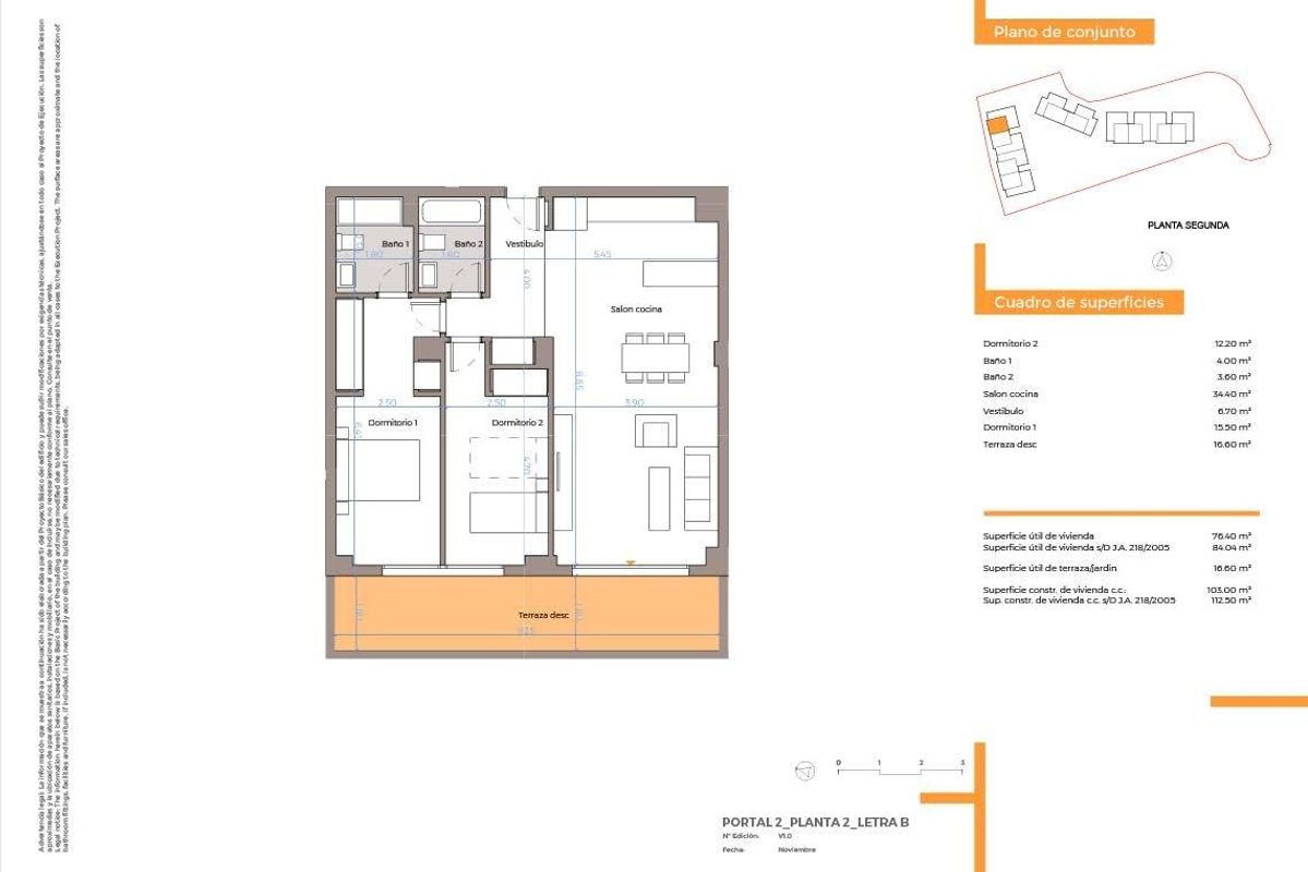 Plattegrond van een appartement met twee slaapkamers, met indeling en afmetingen in Mijas, Costa del Sol.