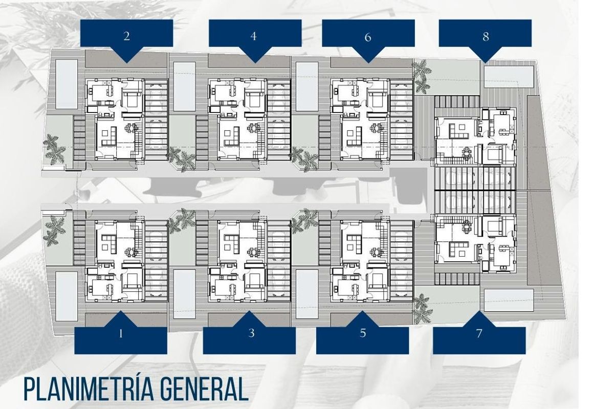Algemene plattegrond van een villa project in San Juan, Alicante, die meerdere eenheden en voorzieningen toont.