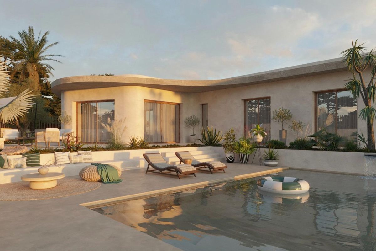 Moderne 4-slaapkamer villa met zwembad en terras in San Fulgencio, Costa Blanca Zuid, omgeven door groene tuinen.