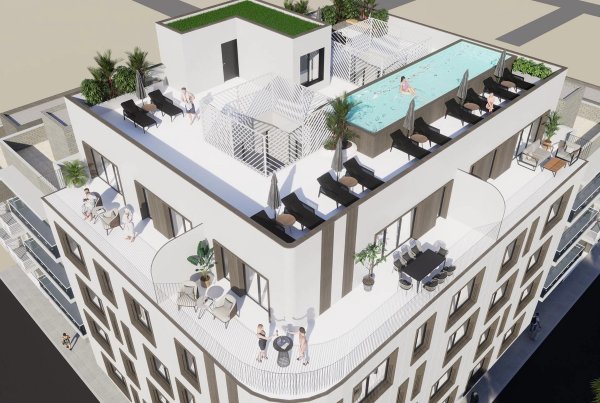 Luchtfoto van een moderne penthouse in Torrevieja met zwembad en loungegedeelte op het terras.