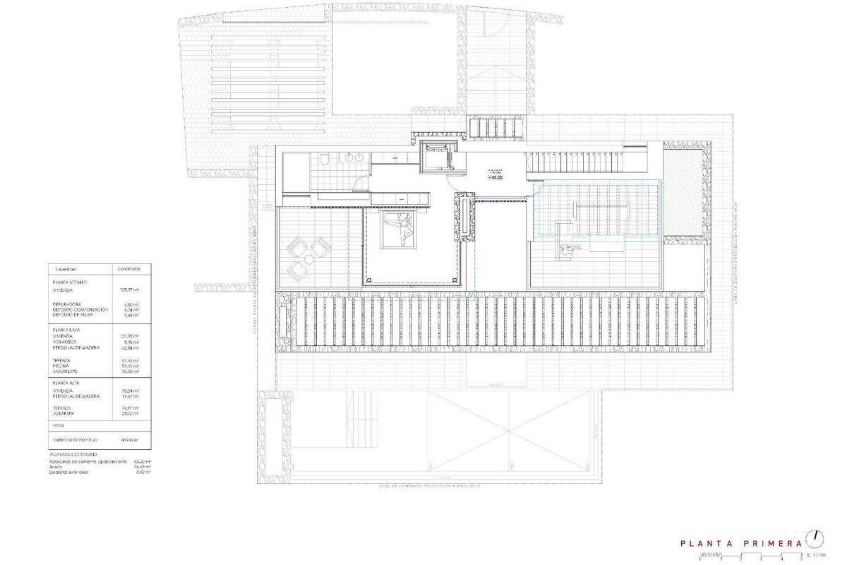 Eerste verdieping plattegrond van een 4-slaapkamer villa in Benissa, met indeling van slaapkamers en terras.