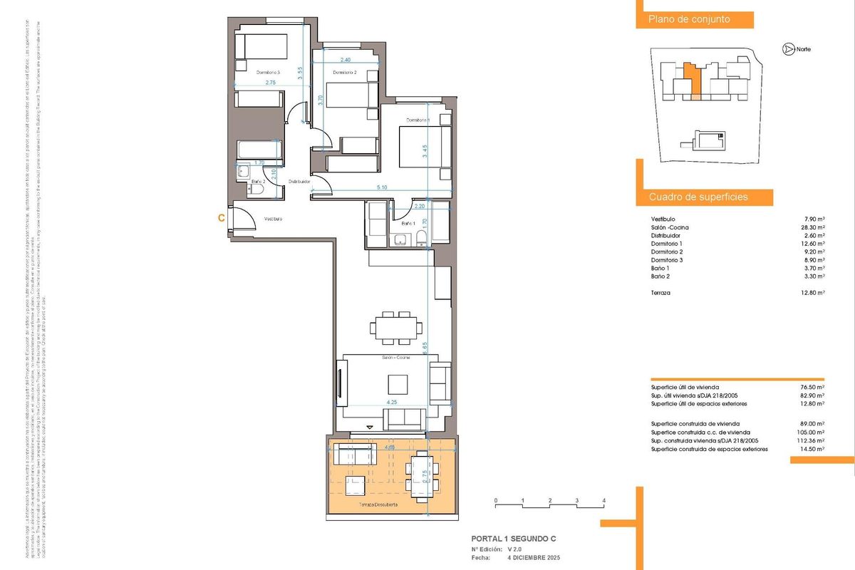 Plattegrond van 3-slaapkamerappartement in Mijas met ruimtelijke indeling en terras