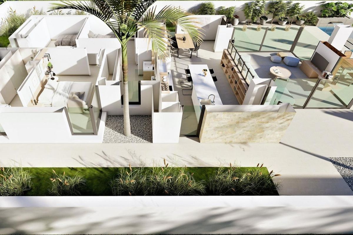 Luchtperspectief van een 3-slaapkamer villa met zwembad, tuin en binnenshuis lay-out in San Fulgencio, Costa Blanca Zuid.